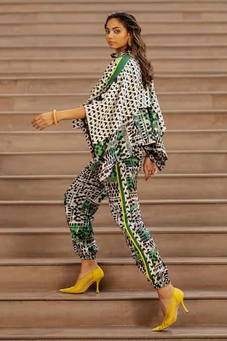 Shop AK-OK Green Silk Asymmetric Geometric Print Draped Jacket With Jogger Online at Aza Fashions Shop_AK-OK_Green Silk Asymmetric Geometric Print Draped Jacket With Jogger _Online_at_Aza_Fashions