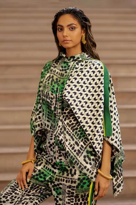 AK-OK Green Silk Asymmetric Geometric Print Draped Jacket With Jogger at Aza Fashions AK-OK_Green Silk Asymmetric Geometric Print Draped Jacket With Jogger _at_Aza_Fashions