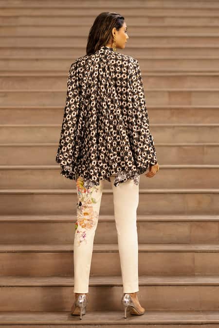 Shop AK-OK Cream Silk Embroidery Collared Floral Print Top With Pant at Aza Fashions Shop_AK-OK_Cream Silk Embroidery Collared Floral Print Top With Pant _at_Aza_Fashions