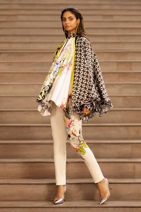 Shop AK-OK Cream Silk Embroidery Collared Floral Print Top With Pant Online at Aza Fashions Shop_AK-OK_Cream Silk Embroidery Collared Floral Print Top With Pant _Online_at_Aza_Fashions