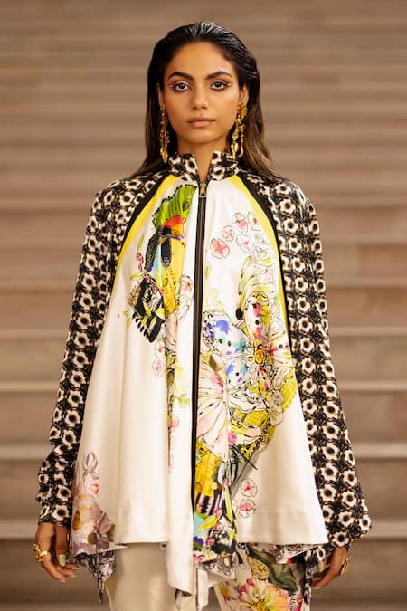 AK-OK Cream Silk Embroidery Collared Floral Print Top With Pant at Aza Fashions AK-OK_Cream Silk Embroidery Collared Floral Print Top With Pant _at_Aza_Fashions