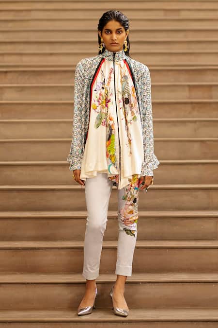 AK-OK Blue Silk Embroidery Bandeau Neck Blossom Print Asymmetric Flared Top With Pant 