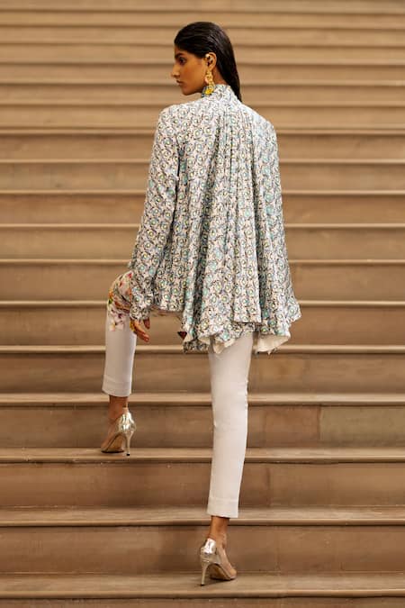 Shop AK-OK Blue Silk Embroidery Bandeau Neck Blossom Print Asymmetric Flared Top With Pant at Aza Fashions Shop_AK-OK_Blue Silk Embroidery Bandeau Neck Blossom Print Asymmetric Flared Top With Pant _at_Aza_Fashions