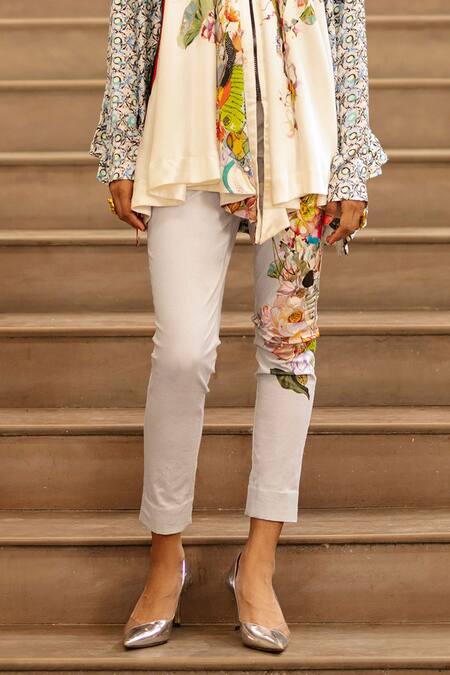 AK-OK Blue Silk Embroidery Bandeau Neck Blossom Print Asymmetric Flared Top With Pant Online at Aza Fashions AK-OK_Blue Silk Embroidery Bandeau Neck Blossom Print Asymmetric Flared Top With Pant _Online_at_Aza_Fashions