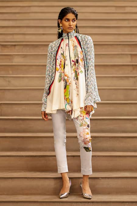 Buy AK-OK Blue Silk Embroidery Bandeau Neck Blossom Print Asymmetric Flared Top With Pant Online at Aza Fashions Buy_AK-OK_Blue Silk Embroidery Bandeau Neck Blossom Print Asymmetric Flared Top With Pant _Online_at_Aza_Fashions