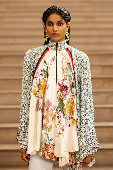 Shop AK-OK Blue Silk Embroidery Bandeau Neck Blossom Print Asymmetric Flared Top With Pant Online at Aza Fashions Shop_AK-OK_Blue Silk Embroidery Bandeau Neck Blossom Print Asymmetric Flared Top With Pant _Online_at_Aza_Fashions