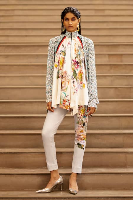 AK-OK Blue Silk Embroidery Bandeau Neck Blossom Print Asymmetric Flared Top With Pant at Aza Fashions AK-OK_Blue Silk Embroidery Bandeau Neck Blossom Print Asymmetric Flared Top With Pant _at_Aza_Fashions