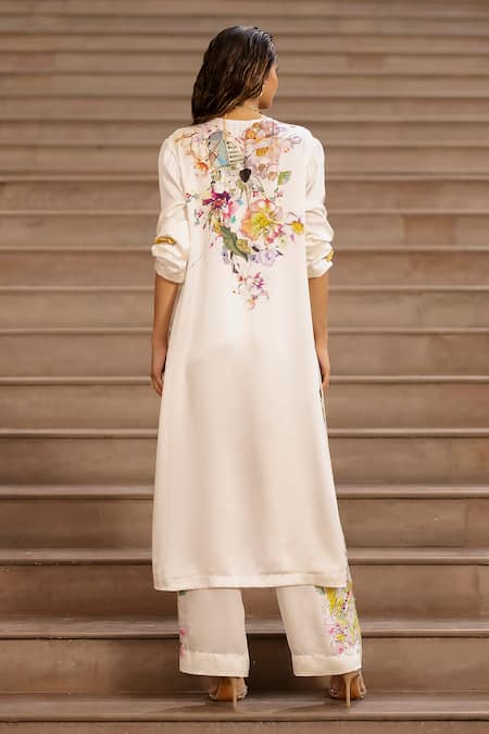 Shop_AK-OK_Cream Silk Embroidery Round Neck Blossom Print Kurta With Trouser _at_Aza_Fashions