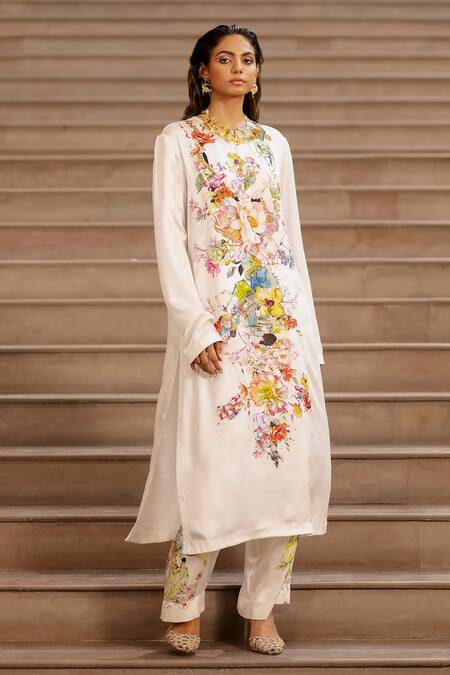 AK-OK_Cream Silk Embroidery Round Neck Blossom Print Kurta With Trouser _Online_at_Aza_Fashions
