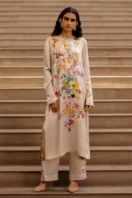 AK-OK Silk Botanic Print Kurta With Trouser 