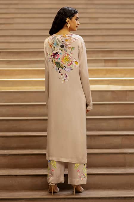 Shop_AK-OK_Grey Silk Embroidery Round Neck Botanic Print Kurta With Trouser _at_Aza_Fashions