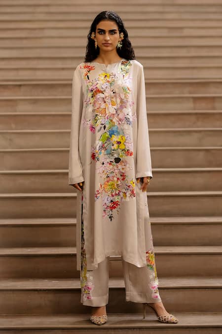 AK-OK_Grey Silk Embroidery Round Neck Botanic Print Kurta With Trouser _Online_at_Aza_Fashions