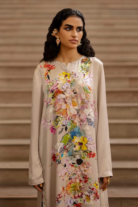 AK-OK_Grey Silk Embroidery Round Neck Botanic Print Kurta With Trouser _at_Aza_Fashions