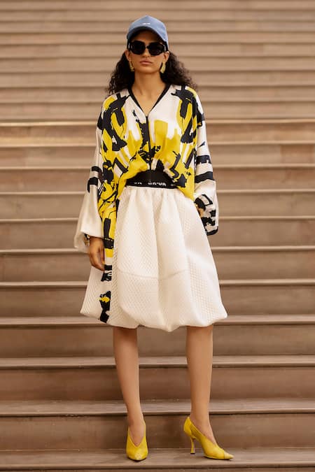 AK-OK Cream Silk V-neck Abstract Print Crop Top Online at Aza Fashions AK-OK_Cream Silk V-neck Abstract Print Crop Top _Online_at_Aza_Fashions