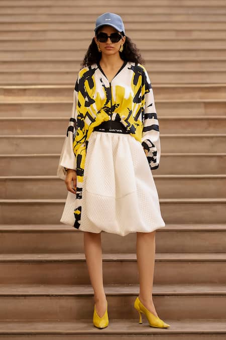 Buy AK-OK Cream Silk V-neck Abstract Print Crop Top Online at Aza Fashions Buy_AK-OK_Cream Silk V-neck Abstract Print Crop Top _Online_at_Aza_Fashions