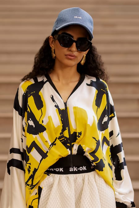 AK-OK Cream Silk V-neck Abstract Print Crop Top at Aza Fashions AK-OK_Cream Silk V-neck Abstract Print Crop Top _at_Aza_Fashions