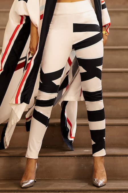 Buy_AK-OK_Cream Silk Round Neck Stripe Pattern Asymmetric Cape Pant Set _Online_at_Aza_Fashions