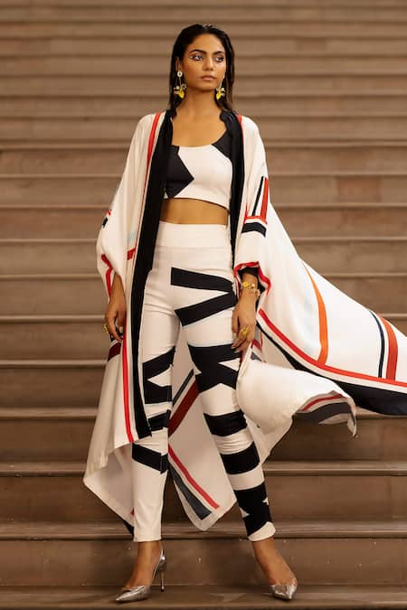 Shop_AK-OK_Cream Silk Round Neck Stripe Pattern Asymmetric Cape Pant Set _Online_at_Aza_Fashions