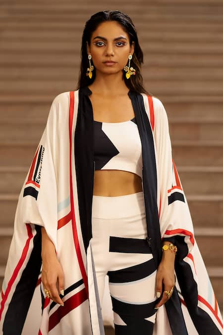 AK-OK_Cream Silk Round Neck Stripe Pattern Asymmetric Cape Pant Set _at_Aza_Fashions