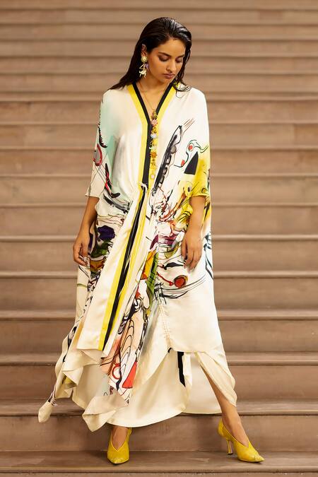 AK-OK Cream Silk Drawstring Graphic Print Cape And Skirt Set Online at Aza Fashions AK-OK_Cream Silk Drawstring Graphic Print Cape And Skirt Set _Online_at_Aza_Fashions