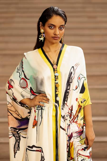 Buy AK-OK Cream Silk Drawstring Graphic Print Cape And Skirt Set Online at Aza Fashions Buy_AK-OK_Cream Silk Drawstring Graphic Print Cape And Skirt Set _Online_at_Aza_Fashions
