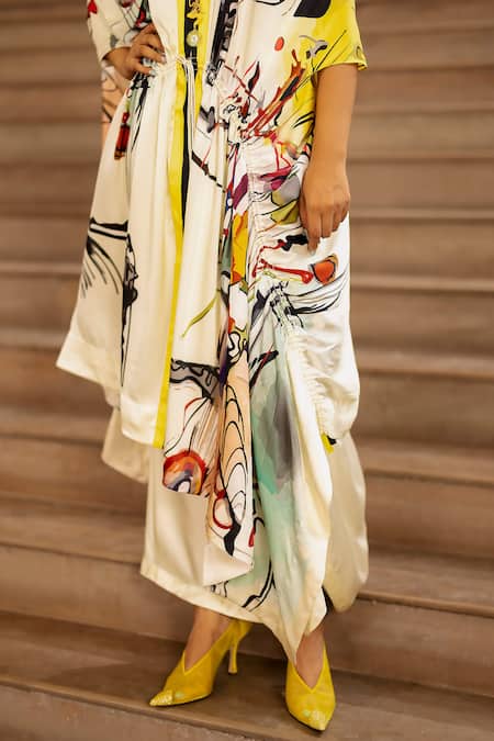 Shop AK-OK Cream Silk Drawstring Graphic Print Cape And Skirt Set Online at Aza Fashions Shop_AK-OK_Cream Silk Drawstring Graphic Print Cape And Skirt Set _Online_at_Aza_Fashions