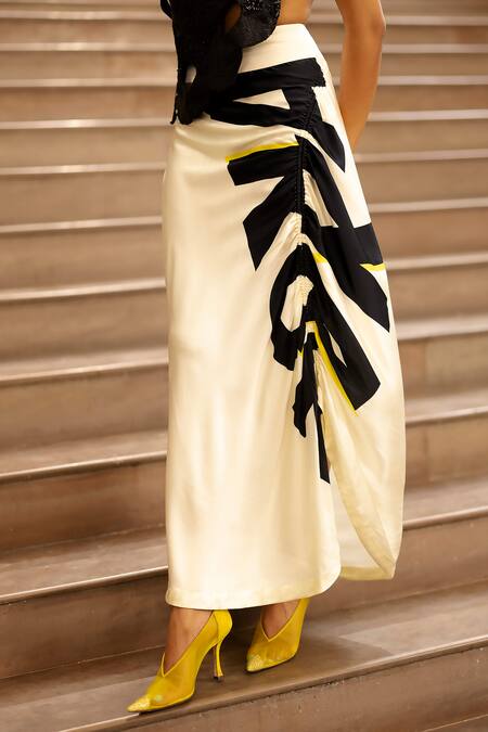 AK-OK Cream Silk Drawstring Graphic Print Cape And Skirt Set at Aza Fashions AK-OK_Cream Silk Drawstring Graphic Print Cape And Skirt Set _at_Aza_Fashions