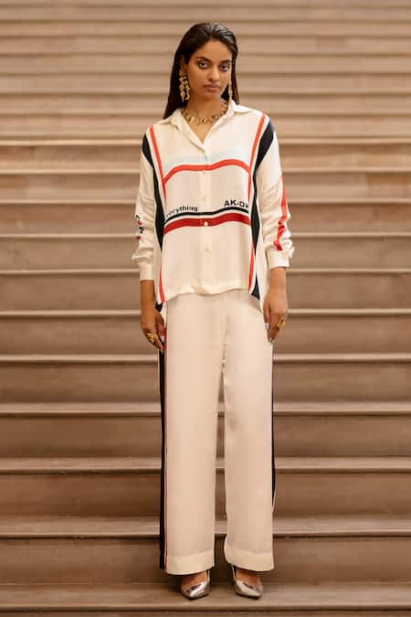 AK-OK Cream Silk Shawl Neck Striped Shirt And Pant Set Online at Aza Fashions AK-OK_Cream Silk Shawl Neck Striped Shirt And Pant Set _Online_at_Aza_Fashions