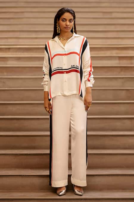 Shop AK-OK Cream Silk Shawl Neck Striped Shirt And Pant Set Online at Aza Fashions Shop_AK-OK_Cream Silk Shawl Neck Striped Shirt And Pant Set _Online_at_Aza_Fashions