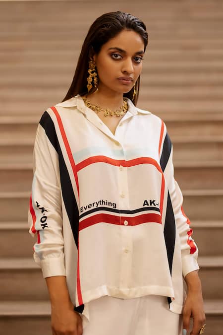 AK-OK Cream Silk Shawl Neck Striped Shirt And Pant Set at Aza Fashions AK-OK_Cream Silk Shawl Neck Striped Shirt And Pant Set _at_Aza_Fashions