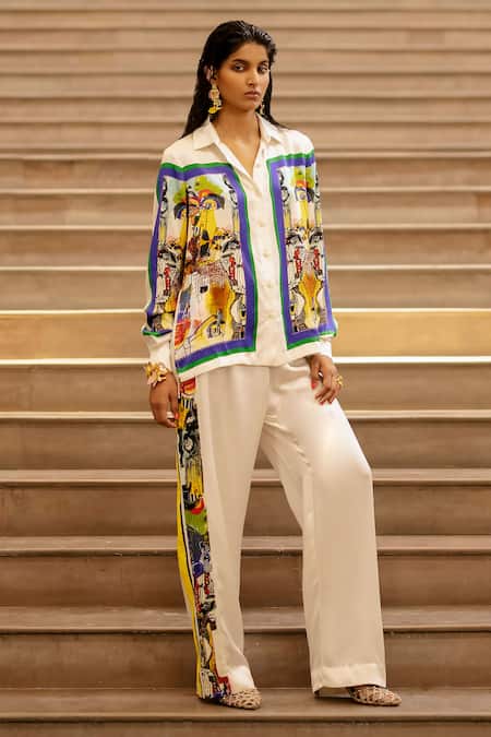 AK-OK_Cream Silk Printed Graphic Shirt Collar And Pant Set _Online_at_Aza_Fashions