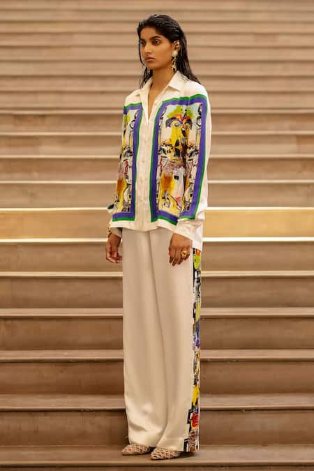 Buy_AK-OK_Cream Silk Printed Graphic Shirt Collar And Pant Set _Online_at_Aza_Fashions