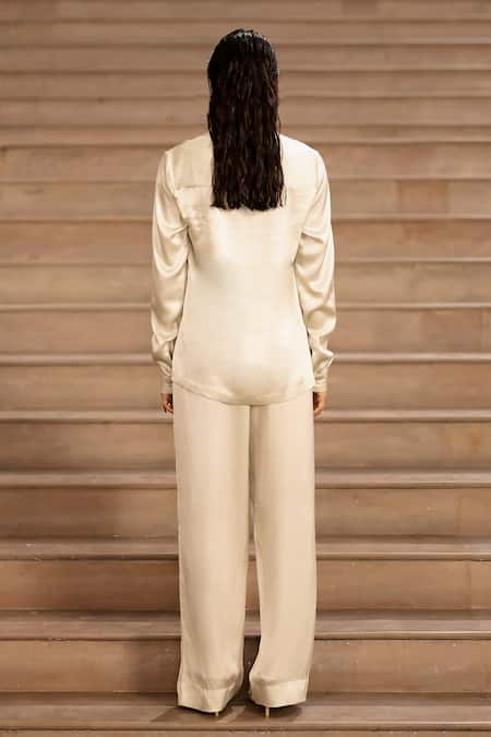 Shop AK-OK Grey Silk Piping Collared Lapel Shirt And Pant Set at Aza Fashions Shop_AK-OK_Grey Silk Piping Collared Lapel Shirt And Pant Set _at_Aza_Fashions