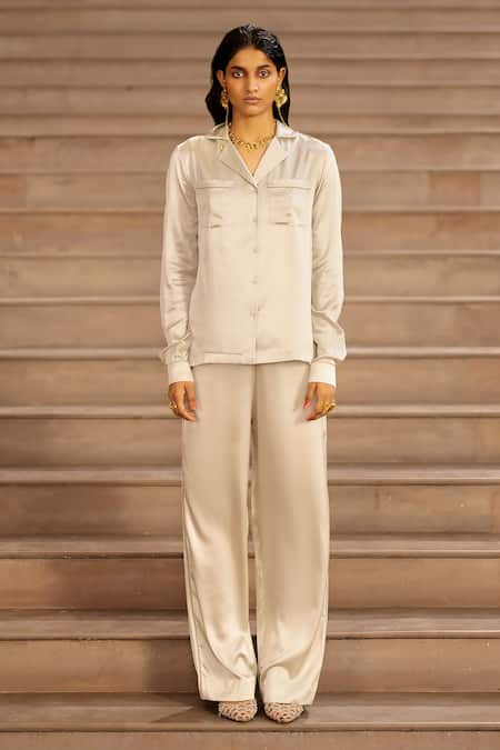 AK-OK Grey Silk Piping Collared Lapel Shirt And Pant Set Online at Aza Fashions AK-OK_Grey Silk Piping Collared Lapel Shirt And Pant Set _Online_at_Aza_Fashions