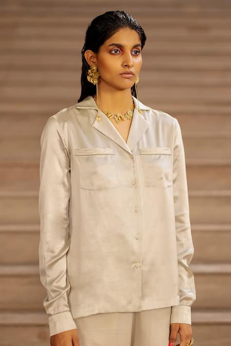 AK-OK Grey Silk Piping Collared Lapel Shirt And Pant Set at Aza Fashions AK-OK_Grey Silk Piping Collared Lapel Shirt And Pant Set _at_Aza_Fashions