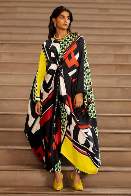 AK-OK_Multi Color Silk V-neck Graphic Print Kaftan With Pant _Online_at_Aza_Fashions