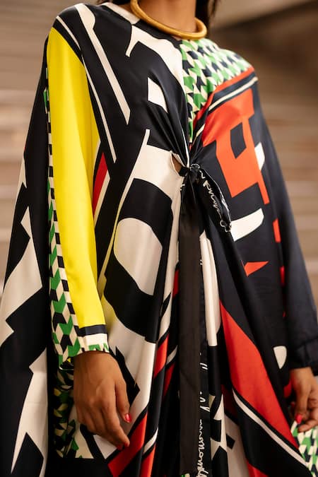 AK-OK_Multi Color Silk V-neck Graphic Print Kaftan With Pant _at_Aza_Fashions