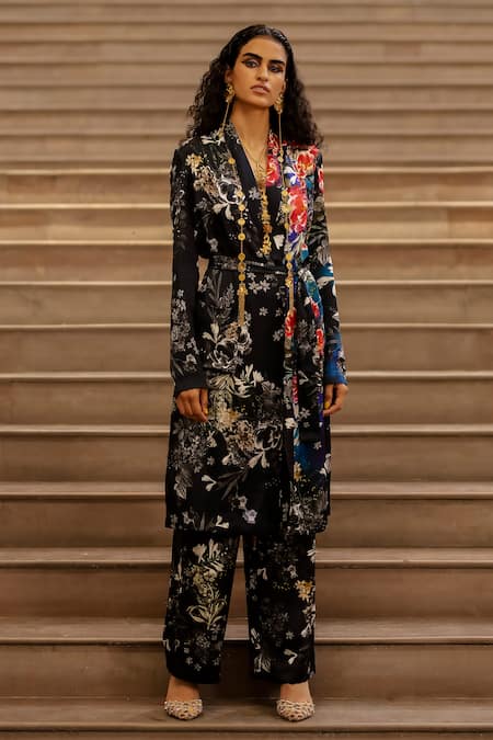 AK-OK Black Silk Embroidery Shawl Neck Floral Print Robe And Pant Set Online at Aza Fashions AK-OK_Black Silk Embroidery Shawl Neck Floral Print Robe And Pant Set _Online_at_Aza_Fashions