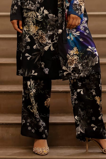 Buy AK-OK Black Silk Embroidery Shawl Neck Floral Print Robe And Pant Set Online at Aza Fashions Buy_AK-OK_Black Silk Embroidery Shawl Neck Floral Print Robe And Pant Set _Online_at_Aza_Fashions