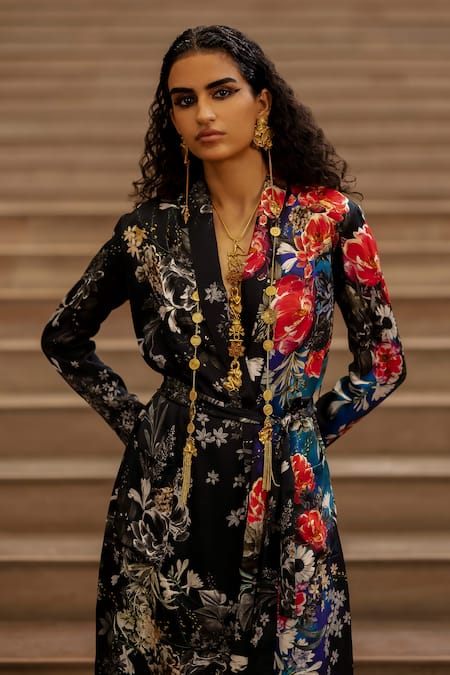 Shop AK-OK Black Silk Embroidery Shawl Neck Floral Print Robe And Pant Set Online at Aza Fashions Shop_AK-OK_Black Silk Embroidery Shawl Neck Floral Print Robe And Pant Set _Online_at_Aza_Fashions