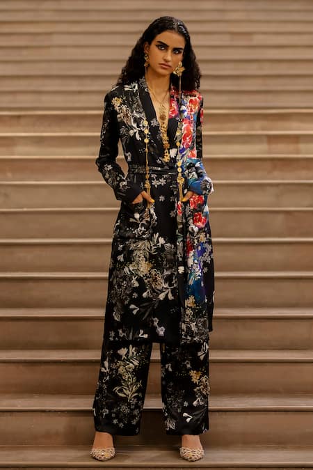 AK-OK Black Silk Embroidery Shawl Neck Floral Print Robe And Pant Set at Aza Fashions AK-OK_Black Silk Embroidery Shawl Neck Floral Print Robe And Pant Set _at_Aza_Fashions