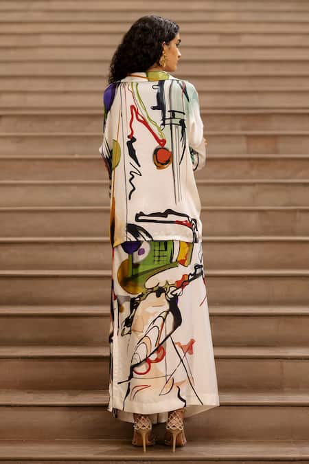 Shop_AK-OK_Cream Silk Graphic Print Shirt And Skirt Set _at_Aza_Fashions