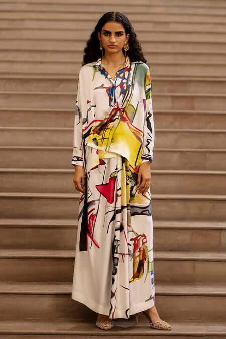 Buy_AK-OK_Cream Silk Graphic Print Shirt And Skirt Set _Online_at_Aza_Fashions