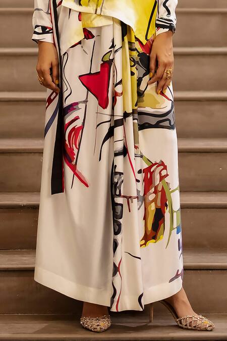 Shop_AK-OK_Cream Silk Graphic Print Shirt And Skirt Set _Online_at_Aza_Fashions