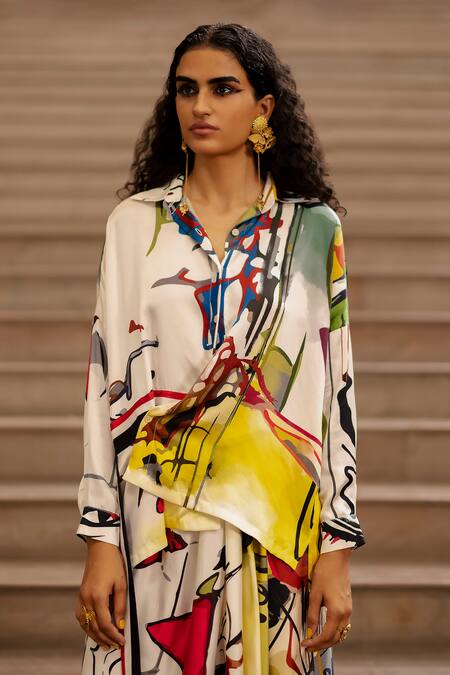 AK-OK_Cream Silk Graphic Print Shirt And Skirt Set _at_Aza_Fashions