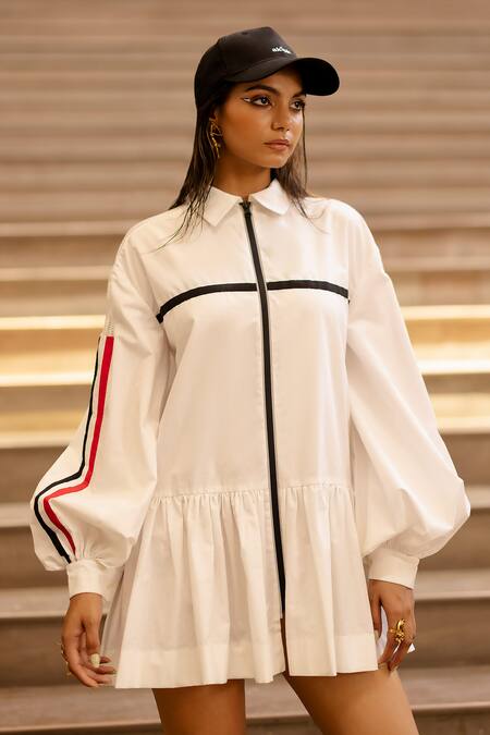 AK-OK White Cotton A-line Stripe Pattern Dress at Aza Fashions AK-OK_White Cotton A-line Stripe Pattern Dress _at_Aza_Fashions