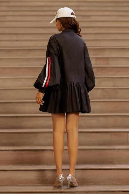 Shop AK-OK Black Cotton Shawl Neck A-line Striped Dress at Aza Fashions Shop_AK-OK_Black Cotton Shawl Neck A-line Striped Dress _at_Aza_Fashions