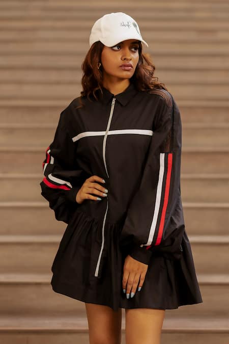 Shop AK-OK Black Cotton Shawl Neck A-line Striped Dress Online at Aza Fashions Shop_AK-OK_Black Cotton Shawl Neck A-line Striped Dress _Online_at_Aza_Fashions