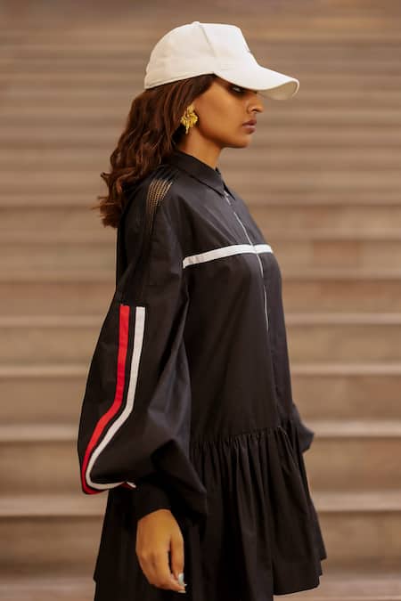 AK-OK Black Cotton Shawl Neck A-line Striped Dress at Aza Fashions AK-OK_Black Cotton Shawl Neck A-line Striped Dress _at_Aza_Fashions