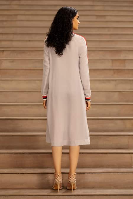 Shop AK-OK Grey Silk Turtle Neck Striped Longline Jacket at Aza Fashions Shop_AK-OK_Grey Silk Turtle Neck Striped Longline Jacket _at_Aza_Fashions